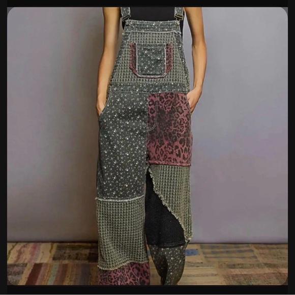 POL Pants - POL Patchwork Wide Leg Jumpsuit - Green and Pink